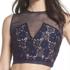 NWT Foxiedox Atiqah Lace Crop Top Womens L Navy Floral Nude Lined Chiffon